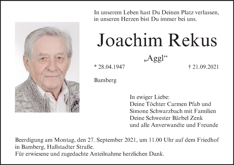  Traueranzeige für Joachim Rekus vom 25.09.2021 aus MGO