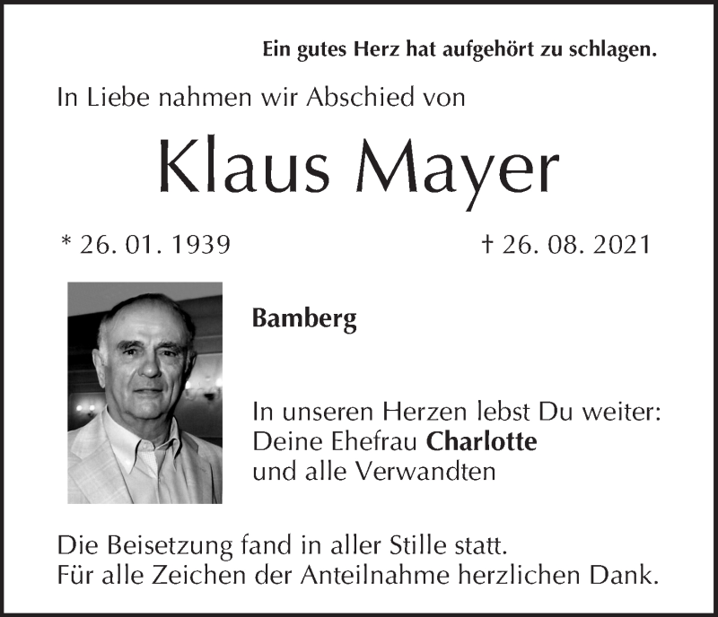  Traueranzeige für Klaus Mayer vom 11.09.2021 aus MGO