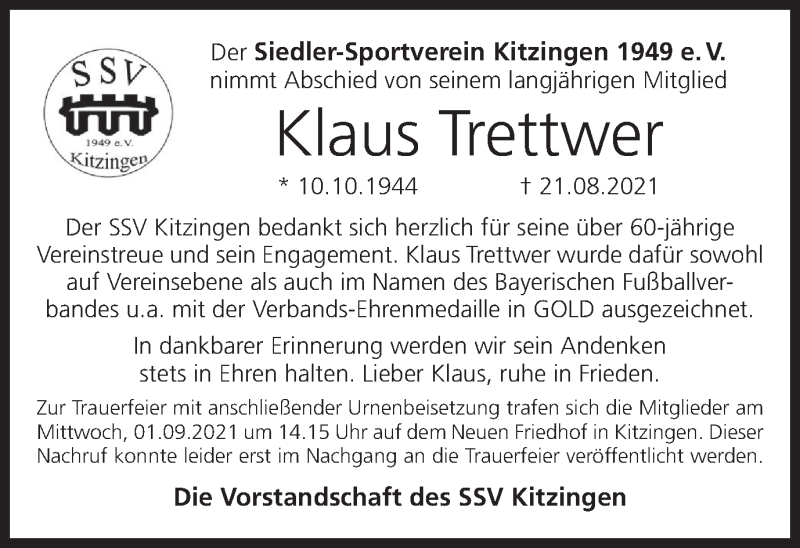  Traueranzeige für Klaus Trettwer vom 04.09.2021 aus MGO