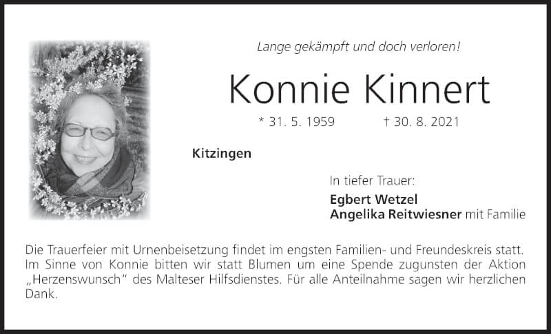  Traueranzeige für Konnie Kinnert vom 18.09.2021 aus MGO
