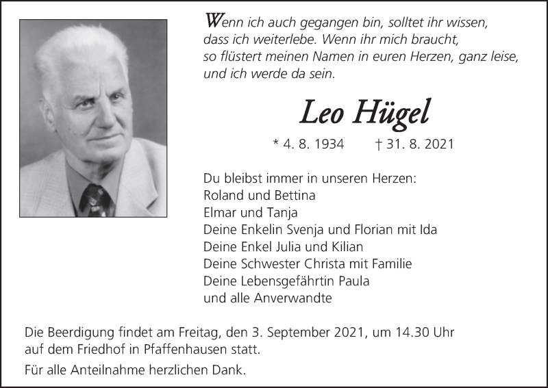  Traueranzeige für Leo Hügel vom 01.09.2021 aus MGO