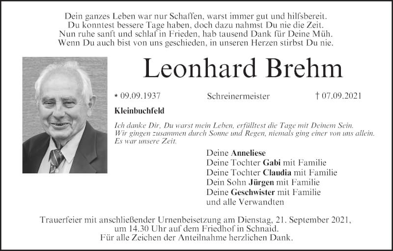  Traueranzeige für Leonhard Brehm vom 18.09.2021 aus MGO