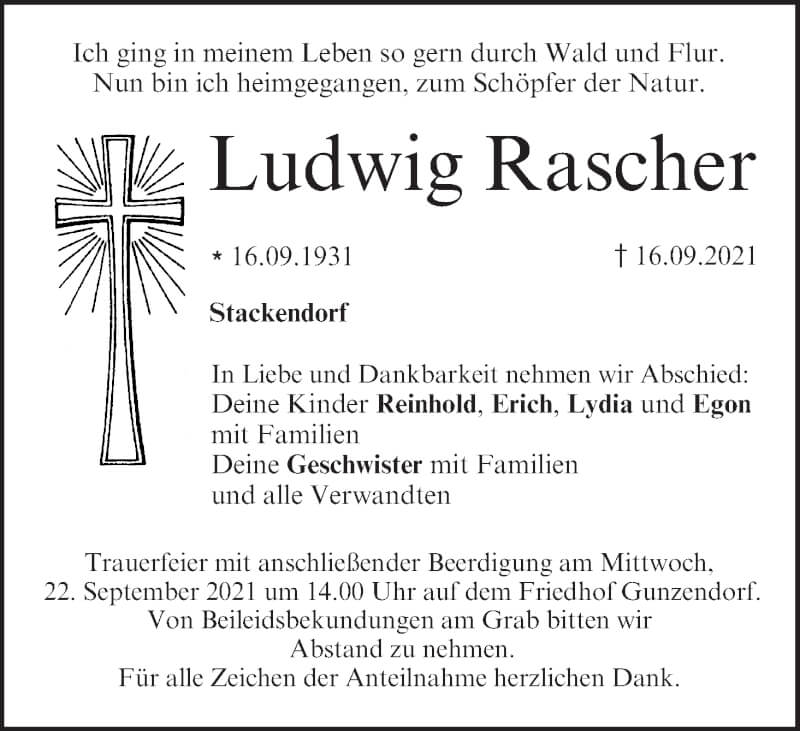  Traueranzeige für Ludwig Rascher vom 18.09.2021 aus MGO