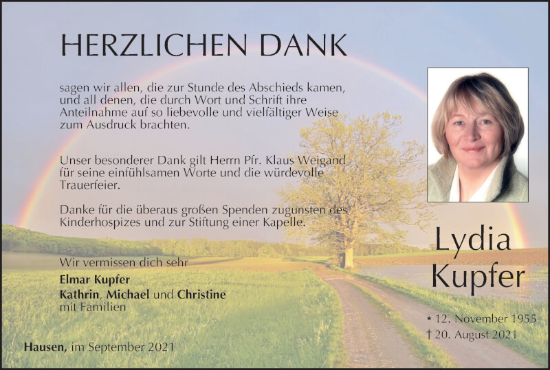  Traueranzeige für Lydia Kupfer vom 18.09.2021 aus MGO