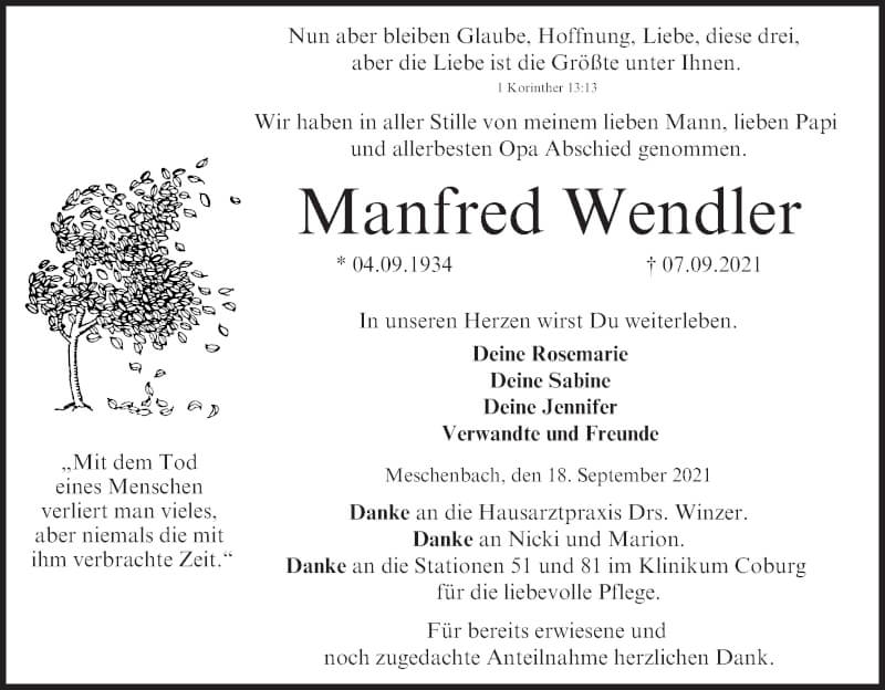  Traueranzeige für Manfred Wendler vom 18.09.2021 aus MGO