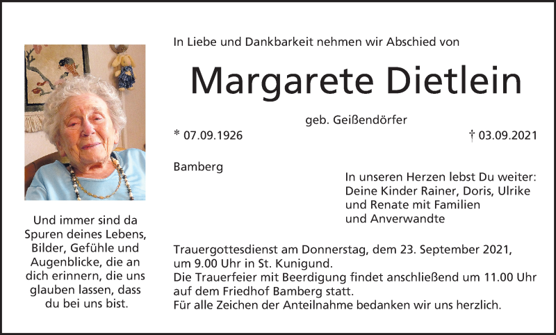  Traueranzeige für Margarete Dietlein vom 20.09.2021 aus MGO