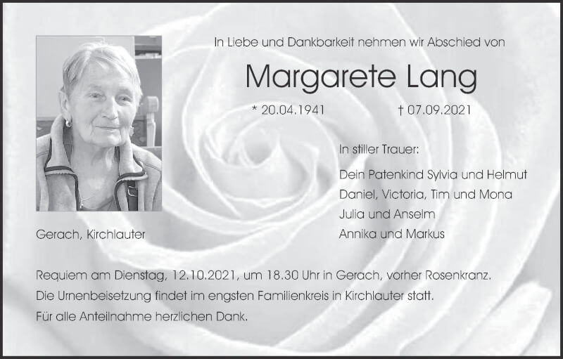  Traueranzeige für Margarete Lang vom 18.09.2021 aus MGO