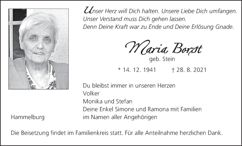  Traueranzeige für Maria Borst vom 04.09.2021 aus MGO