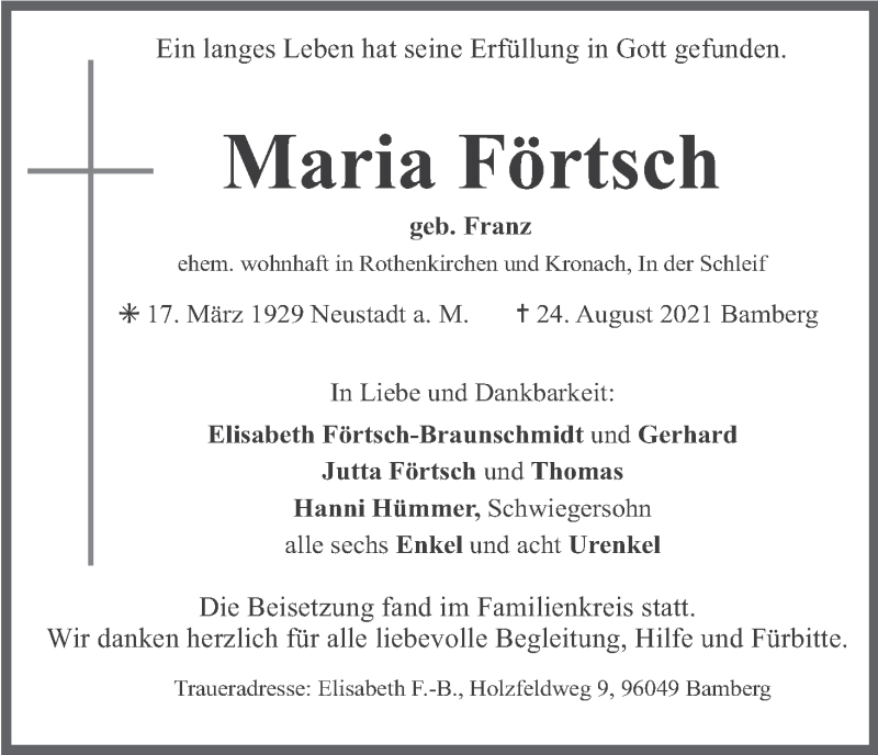  Traueranzeige für Maria Förtsch vom 04.09.2021 aus MGO