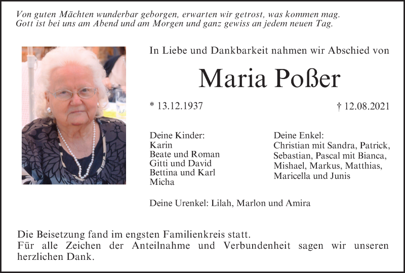  Traueranzeige für Maria Poßer vom 04.09.2021 aus MGO