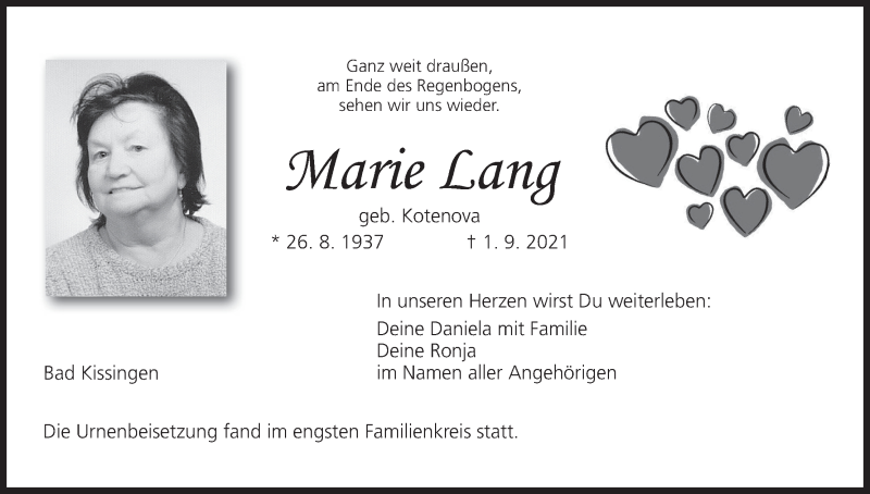  Traueranzeige für Marie Langc vom 11.09.2021 aus MGO