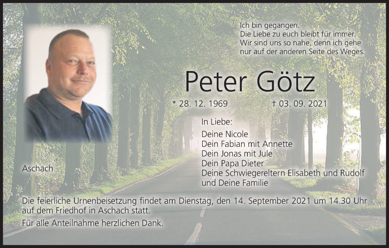  Traueranzeige für Peter Götz vom 10.09.2021 aus MGO