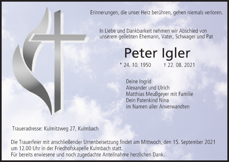  Traueranzeige für Peter Igler vom 11.09.2021 aus MGO