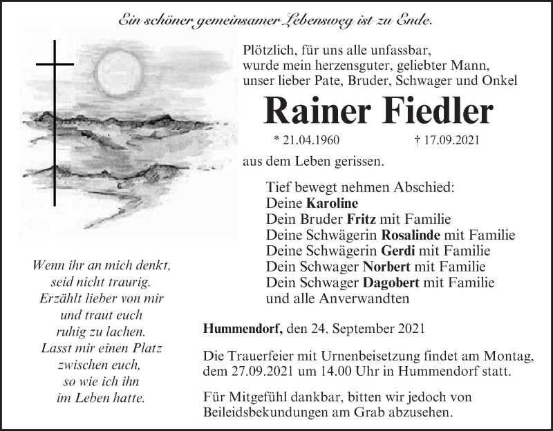  Traueranzeige für Rainer Fiedler vom 24.09.2021 aus MGO