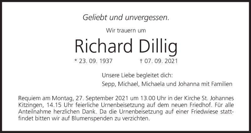 Traueranzeige für Richard Dillig vom 25.09.2021 aus MGO