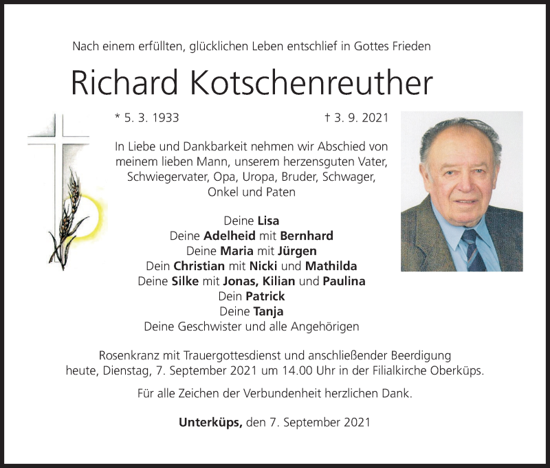  Traueranzeige für Richard Kotschenreuther vom 07.09.2021 aus MGO