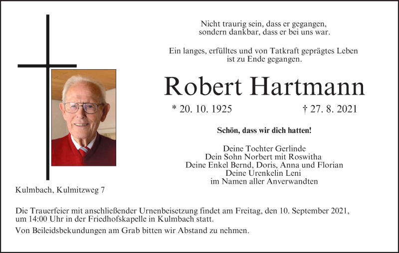  Traueranzeige für Robert Hartmann vom 04.09.2021 aus MGO