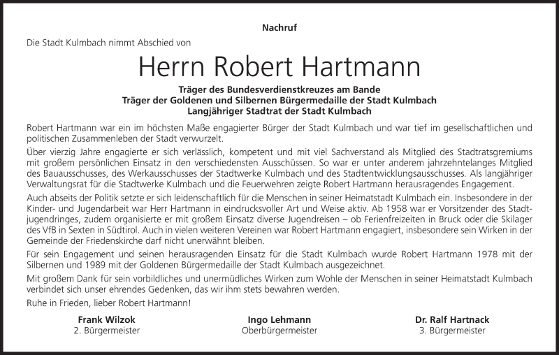  Traueranzeige für Robert Hartmann vom 04.09.2021 aus MGO