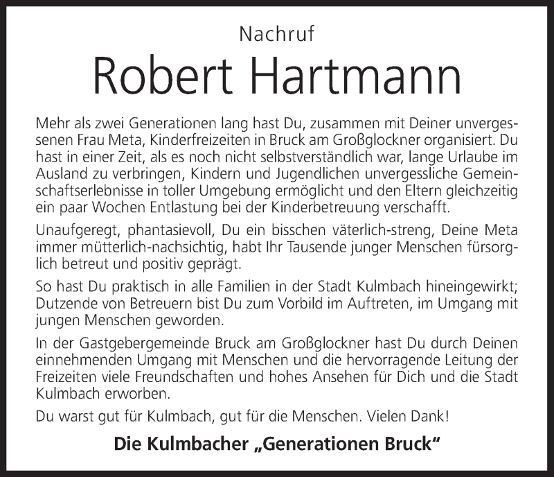  Traueranzeige für Robert Hartmann vom 10.09.2021 aus MGO