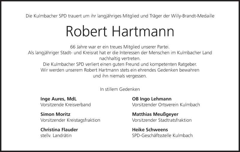  Traueranzeige für Robert Hartmann vom 04.09.2021 aus MGO