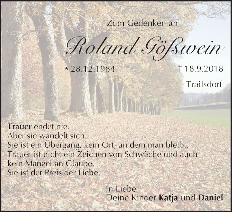  Traueranzeige für Roland Gößwein vom 18.09.2021 aus MGO