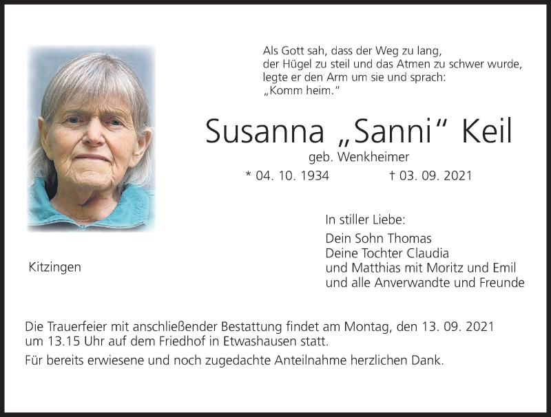  Traueranzeige für Susanna Keil vom 08.09.2021 aus MGO