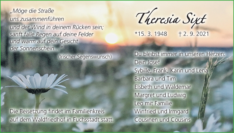  Traueranzeige für Theresia Sixt vom 11.09.2021 aus MGO