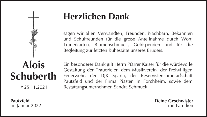  Traueranzeige für Alois Schuberth vom 08.01.2022 aus MGO