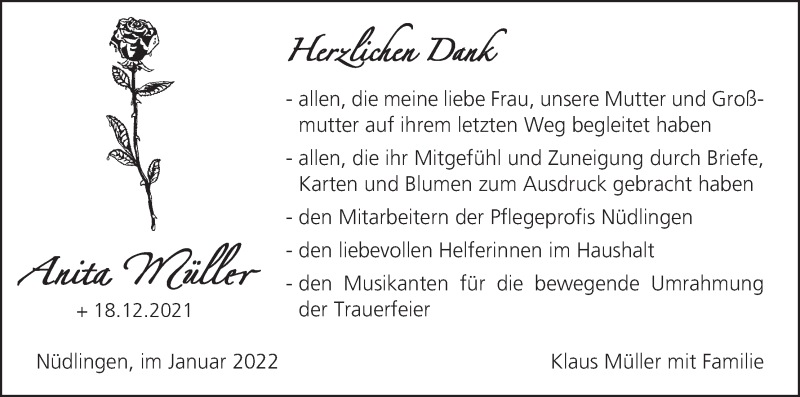  Traueranzeige für Anita Müller vom 08.01.2022 aus MGO