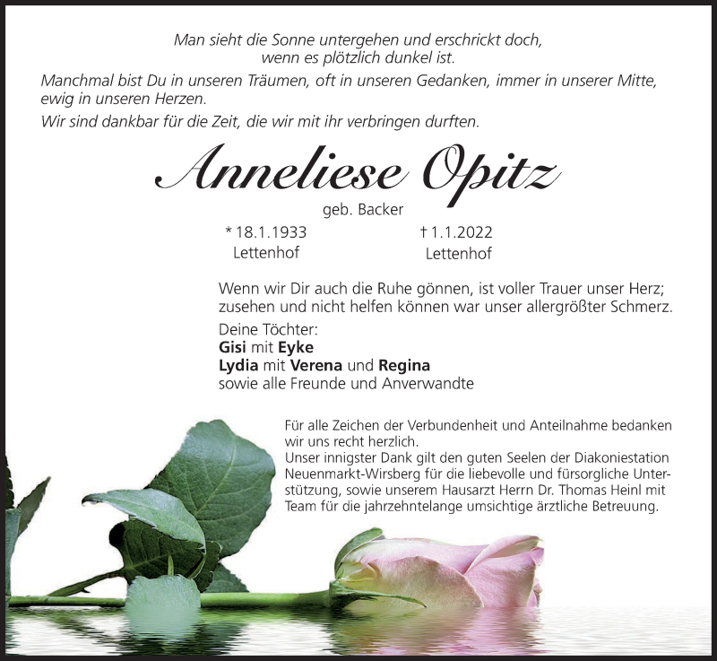  Traueranzeige für Anneliese Opitz vom 15.01.2022 aus MGO