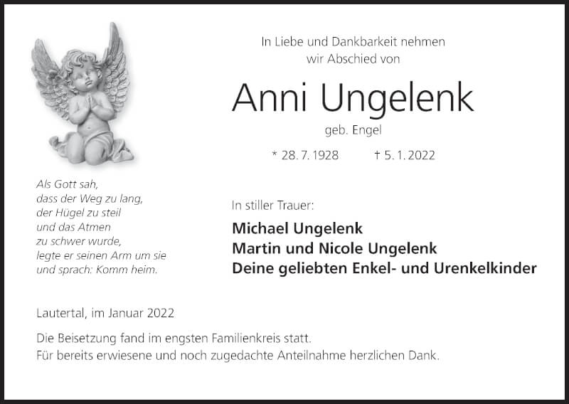  Traueranzeige für Anni Ungelenk vom 22.01.2022 aus MGO