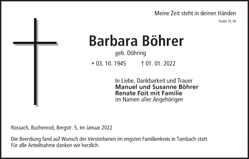  Traueranzeige für Barbara Böhrer vom 15.01.2022 aus MGO