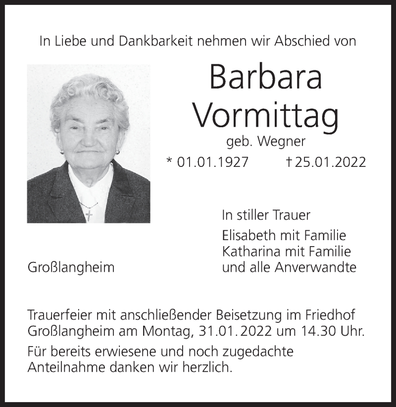 Traueranzeige für Barbara Vormittag vom 27.01.2022 aus MGO