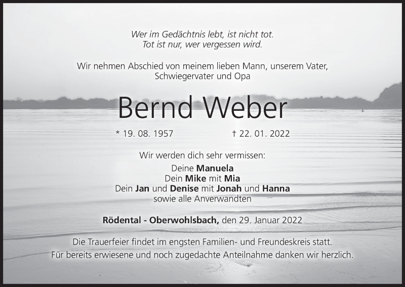  Traueranzeige für Bernd Weber vom 29.01.2022 aus MGO
