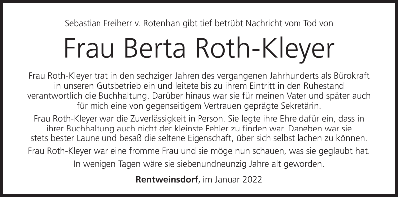 Traueranzeige für Berta Roth-Kleyer vom 08.01.2022 aus MGO