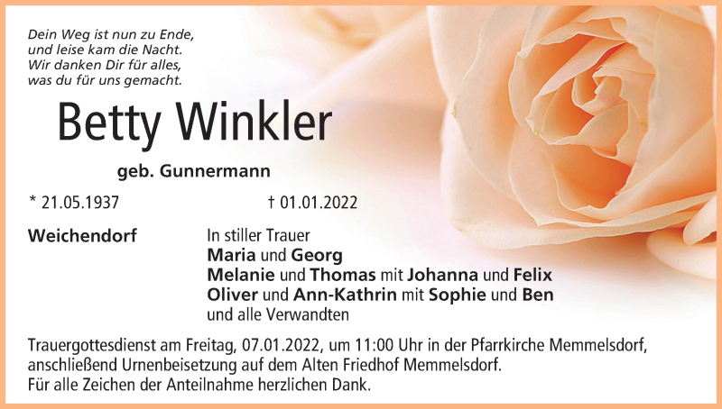  Traueranzeige für Betty Winkler vom 04.01.2022 aus MGO