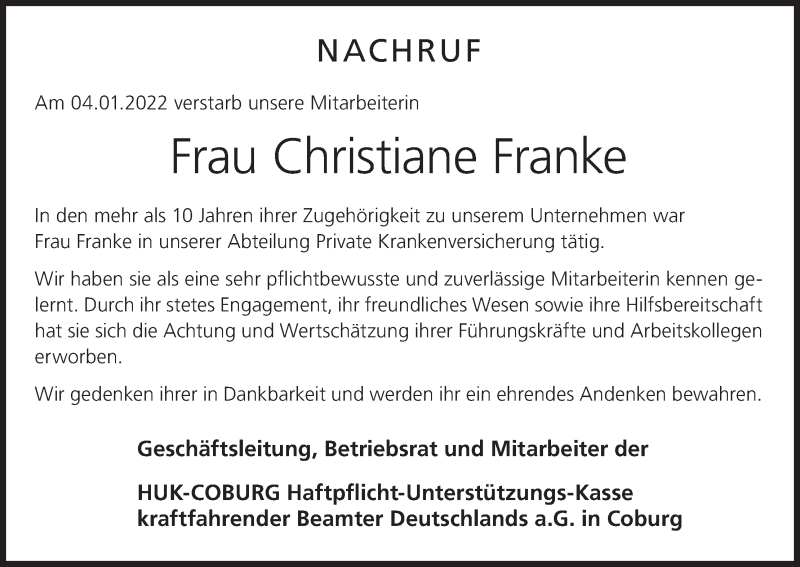  Traueranzeige für Christiane Franke vom 18.01.2022 aus MGO