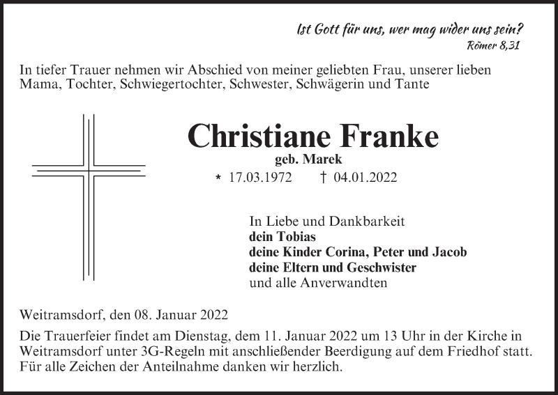  Traueranzeige für Christiane Franke vom 08.01.2022 aus MGO