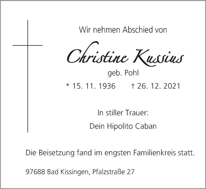 Traueranzeige für Christine Kussius vom 05.01.2022 aus MGO