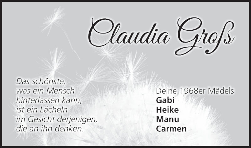  Traueranzeige für Claudia Groß vom 22.01.2022 aus MGO