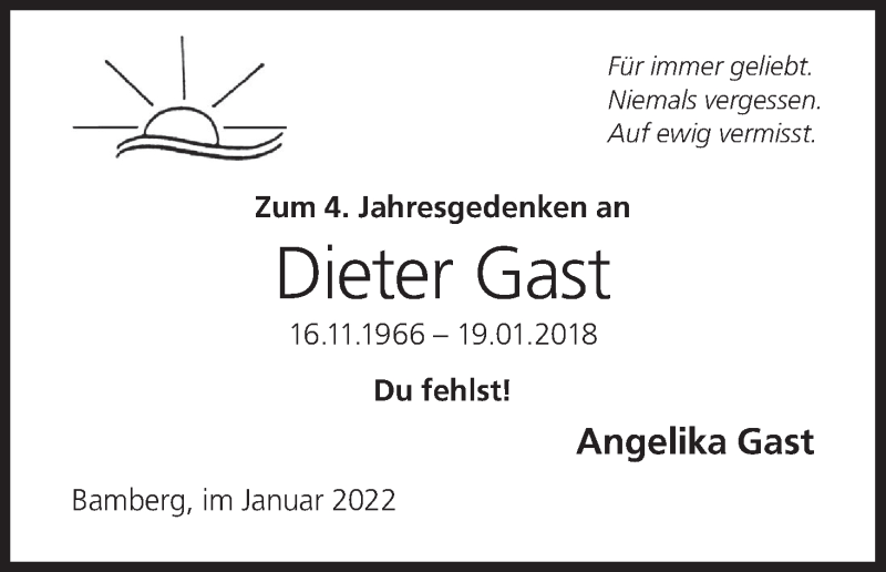  Traueranzeige für Dieter Gast vom 19.01.2022 aus MGO