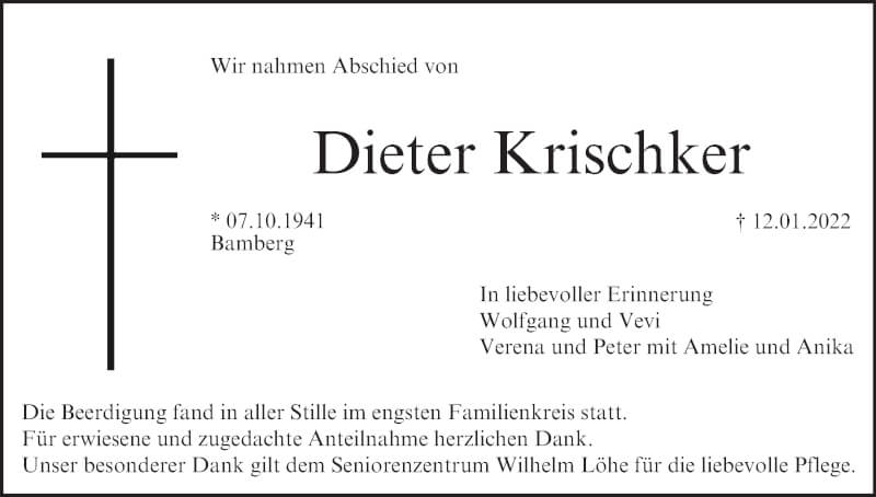  Traueranzeige für Dieter Krischker vom 22.01.2022 aus MGO