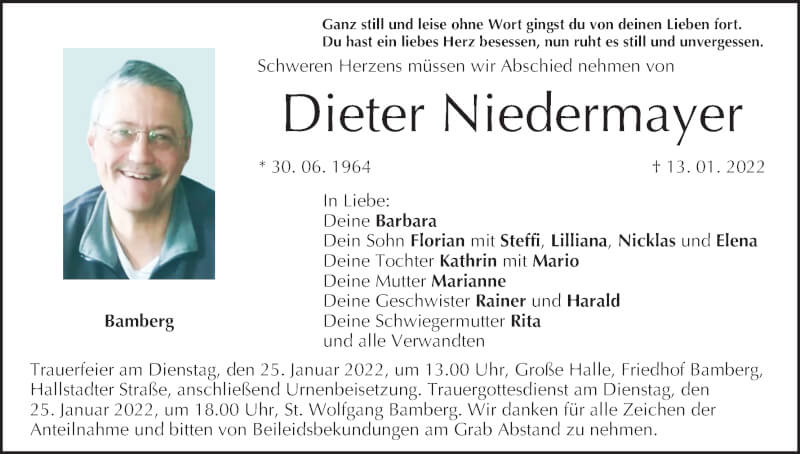  Traueranzeige für Dieter Niedermayer vom 22.01.2022 aus MGO