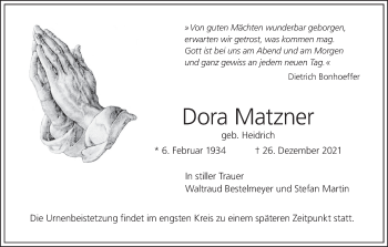 Anzeige von Dora Matzner von MGO