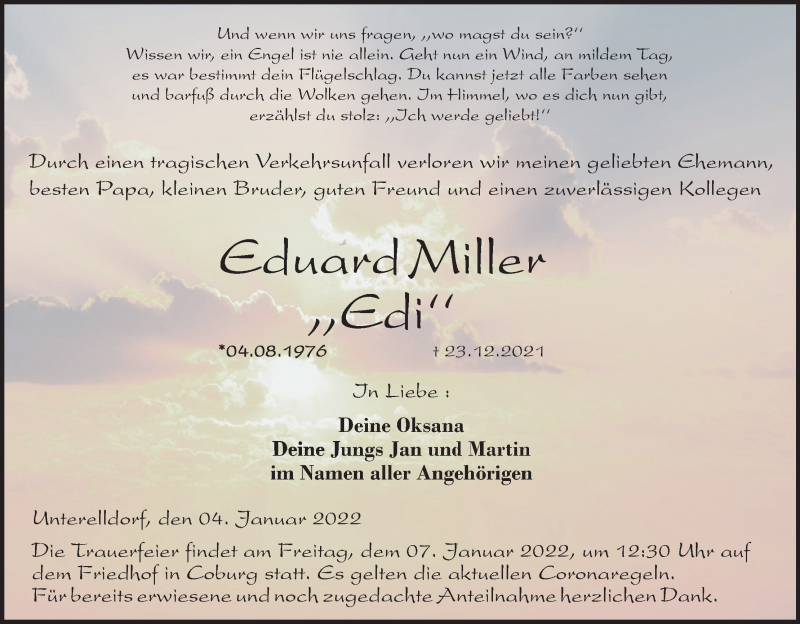  Traueranzeige für Eduard Miller vom 04.01.2022 aus MGO