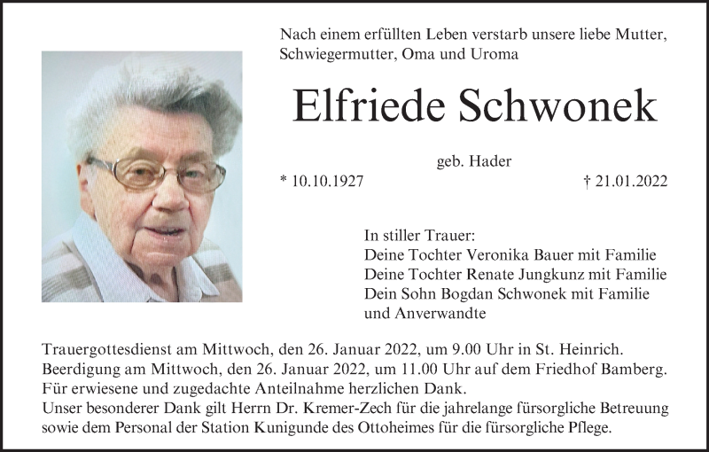  Traueranzeige für Elfriede Schwonek vom 25.01.2022 aus MGO