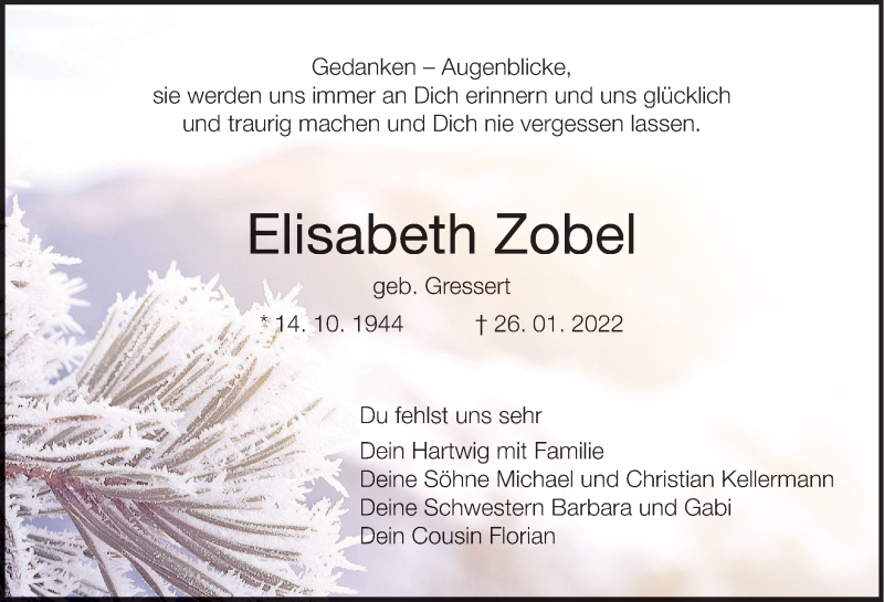  Traueranzeige für Elisabeth Zobel vom 29.01.2022 aus MGO