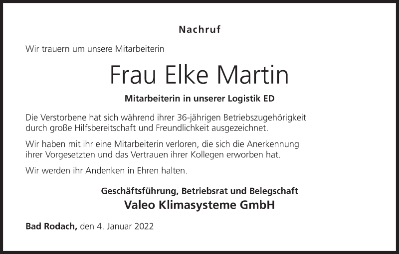  Traueranzeige für Elke Martin vom 11.01.2022 aus MGO