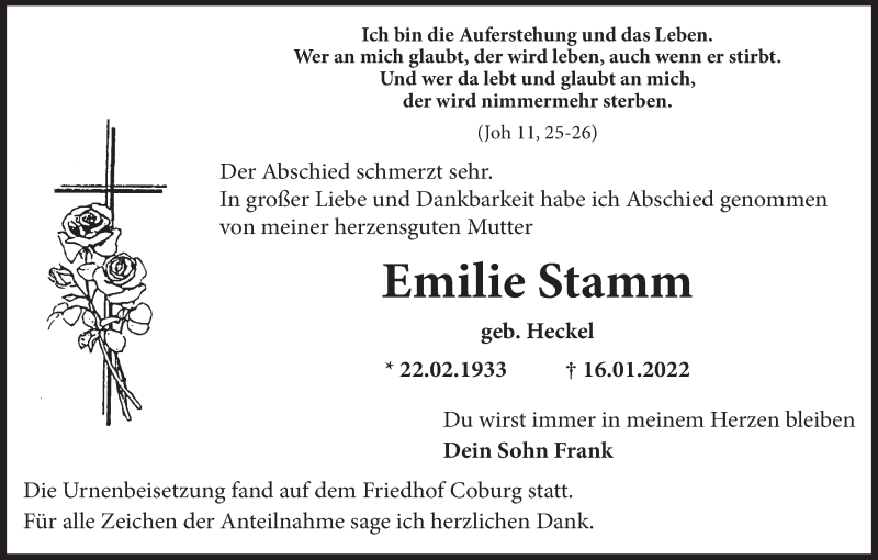  Traueranzeige für Emilie Stamm vom 29.01.2022 aus MGO