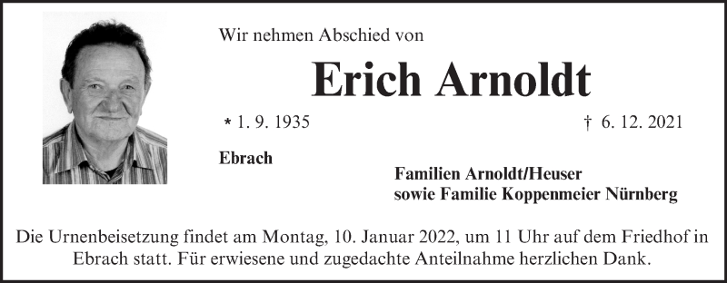  Traueranzeige für Erich Arnoldt vom 06.01.2022 aus MGO